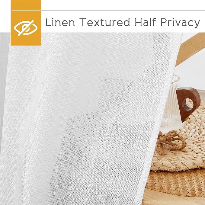 RYB HOME Solid Semi Sheer Curtains Rod Pocket Living Room/Bedroom, Linen Sheer Light Filtering Curtains 72 inches Long, White, W 52 x L 72 inch Length, 1 Pair