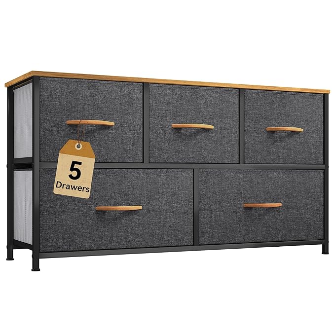DWVO Dresser for Room with 5 Drawers - Fabric Storage Tower, Long Fabric Dresser, Organizer Unit for Closet, Hallway