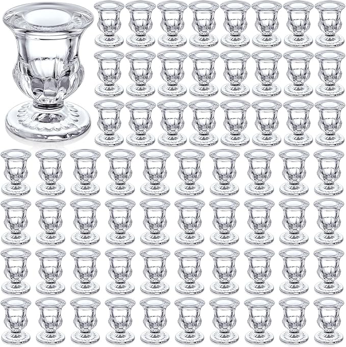 Foaincore 72 Pack Glass Candlestick Holders Bulk 2.5 Inch Taper Candle Holders Small Ritual Candle Stand Table Centerpieces for Wedding Christmas Valentine's Festival Party Dining Decorations (Clear)