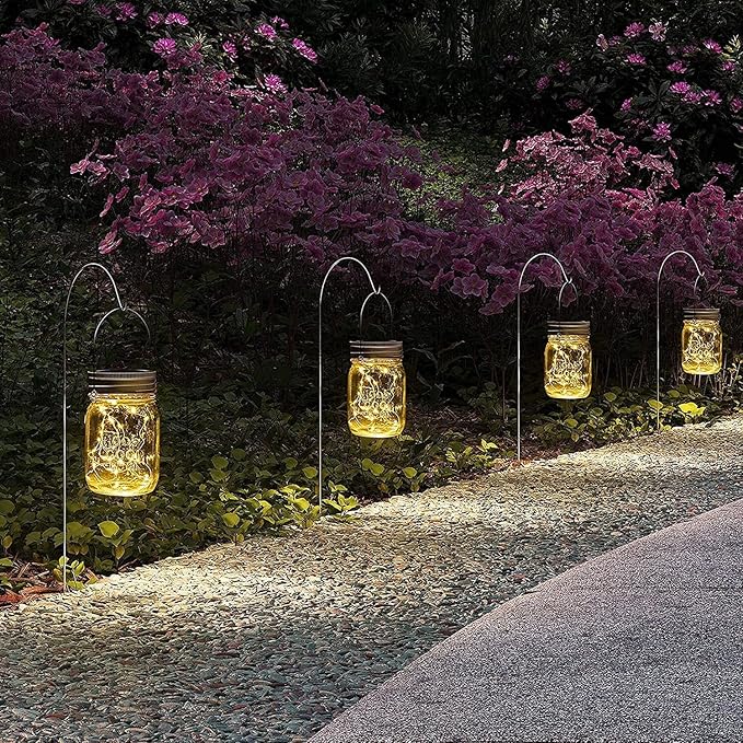 GIGALUMI Hanging Mason Jar Solar Lights, 6 Pack 30 Led Hanging Solar Lanterns Outdoor Waterproof, Hangers and Jars Included, Outdoor Decor for Balcony, Garden, Patio, Yard, Wedding