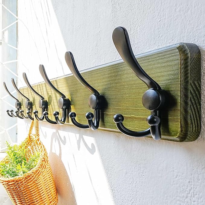 Dseap Coat Rack Wall Mounted - 24" Long 6 Tri Hooks, Heavy Duty Wooden Wall Coat Hanger Coat Hook for Clothes Hat Jacket Clothing, Weathered Green and Black, Pack of 2
