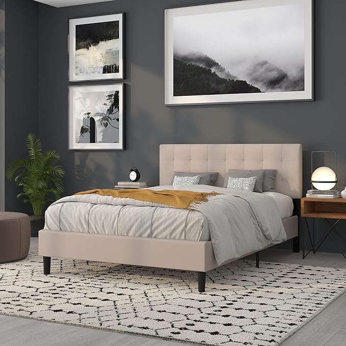 Flash Furniture Bedford Box Stitch Tufted Upholstered Queen Size Headboard in Beige Fabric