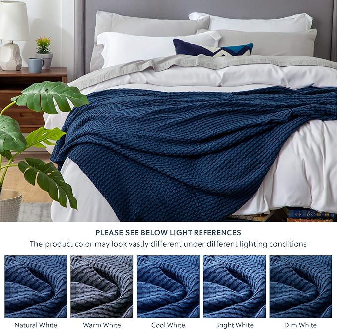 Bedsure Cooling Cotton Waffle Weave Blanket - Lightweight Breathable Blanket of Rayon Derived from Bamboo for Hot Sleepers, Luxury Throws for Bed, Couch and Sofa, Navy, 50x70 Inches