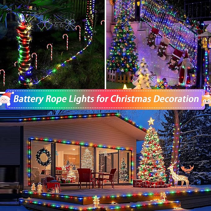 JMEXSUSS 100 LED Christmas Lights Battery Operated Rope Lights Outdoor Waterproof, 33 ft 8 Modes Battery Powered String Lights with Remote for Car Tree Christmas Decor (Multicolor)