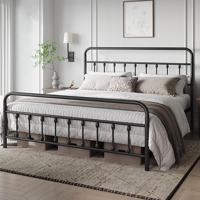 Yaheetech Classic Metal Platform Bed Frame Mattress Foundation with Victorian Style Iron-Art Headboard/Footboard/Under Bed Storage/No Box Spring Needed/King Size Black