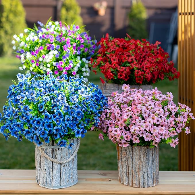 Artificial Flowers for Outdoors Fake Plants - 16 Bundles Faux Outside Greenery Boxwood No Fade Plastic Shrubs Fall Decor Farmhouse Home Garden (Blue)