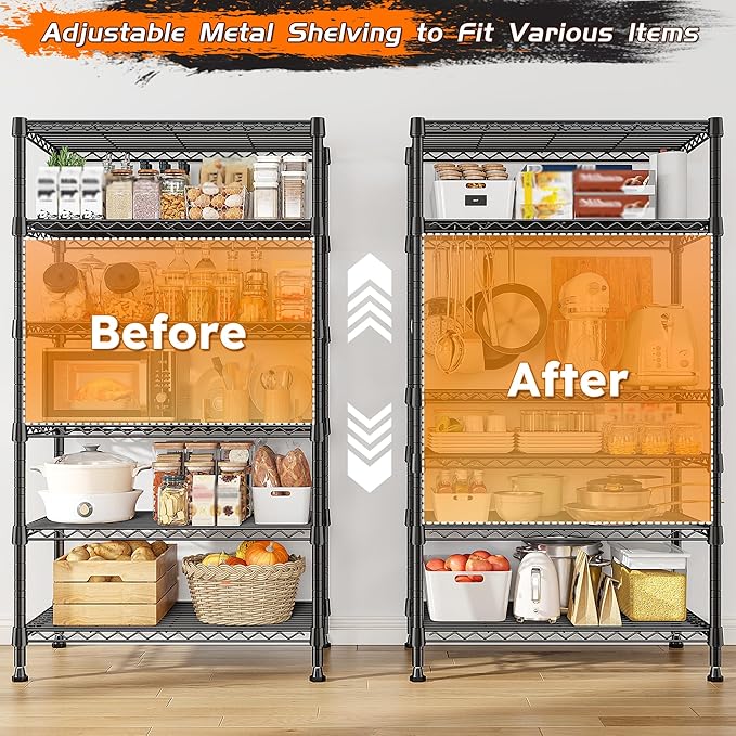 REIBII 6-Tier Metal Shelving Unit Storage Shelves, Sturdy Wire Shelving Adjustable Deep Pantry Shelves Load 800LBS Storage Rack for Kitchen Pantry Closet, Keep Organized, 2 Pack