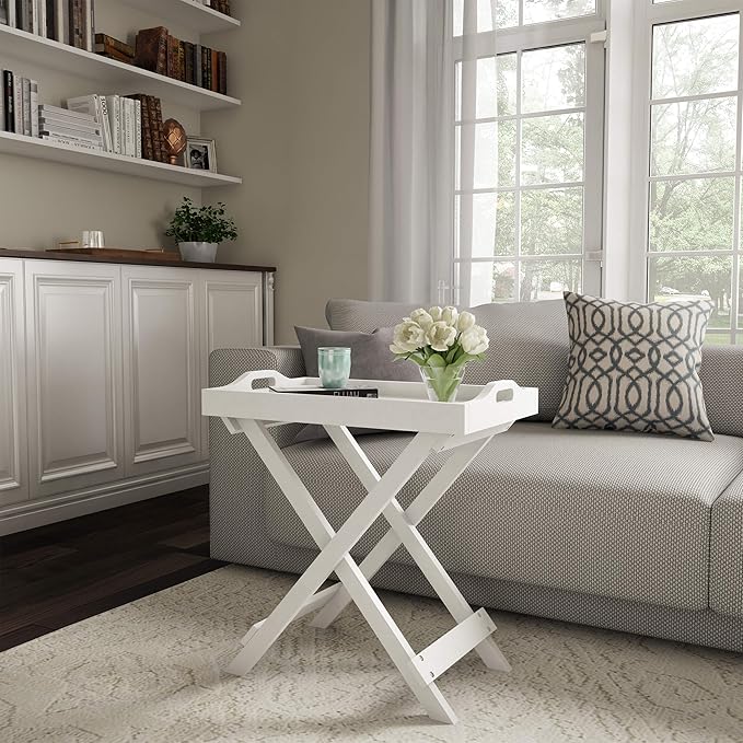 Folding TV Tray Table - Contemporary Side Table with Removable Tray Top for Food Serving, Decor, or Meals - Portable End Furniture for Living Room, Bedroom, or Home Office by Lavish Home (White)