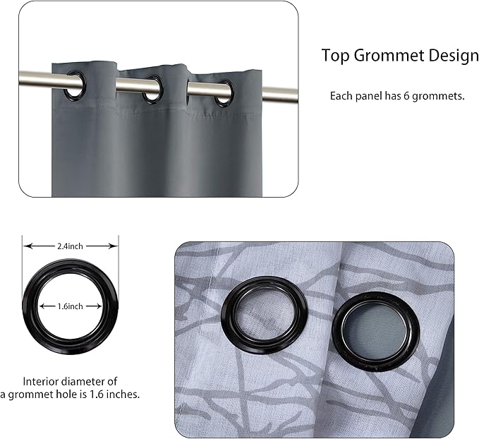 BONZER Mix and Match Curtains - 2 Pieces Branch Print Sheer Curtains and 2 Pieces Blackout Curtains for Bedroom Living Room Grommet Window Drapes, 37x63 Inch/Panel, Light Grey, Set of 4 Panels