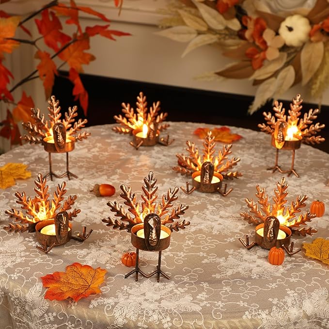SAND MINE Metal Turkey Tea Light Candle Holders, Thanksgiving Candle Holder, Turkey Candle Holder, Metal Candle Holder, Thanksgiving Home Table Decoration (12)