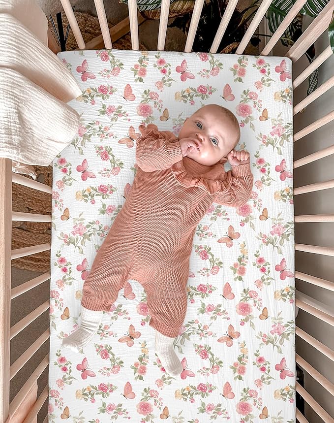 Bassinet Sheet for Baby Boy and Girl 2 Pack, Fitted Sheets for Rectangle, Oval, Hourglass Bassinet Mattress, Muslin Moses Basket Sheets with Neutral Style (Butterfly & Beige)