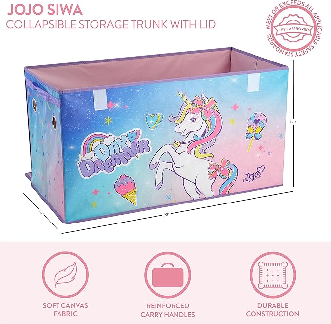 Idea Nuova JoJo Siwa Unicorn Bow Day Dreamer Collapsible Children’s Storage Trunk, Durable with Soft Lid, 28.5"x14.5"x16"