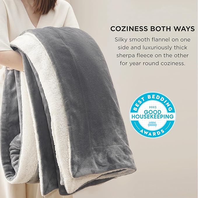 Bedsure GentleSoft Sherpa Fleece Blankets Queen Size for Bed - Thick and Warm Throw for Women and Men, Soft Fuzzy Plush Queen Blanket for Winter, Grey, 90x90 Inches