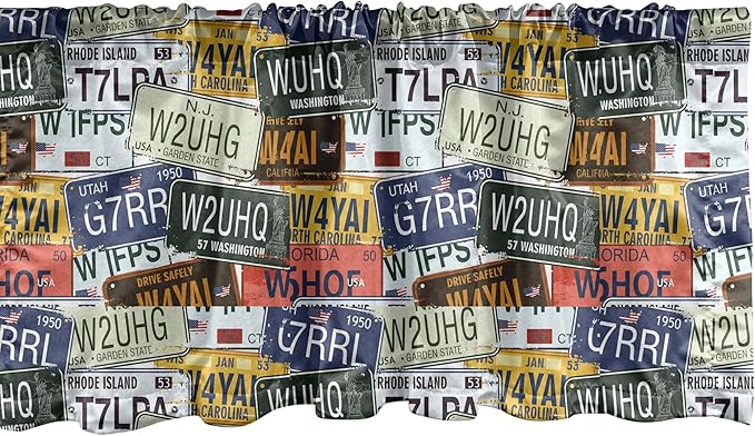 Ambesonne Vintage Window Valance, Original Retro Style License Plates Personalized Creative Travel Vacation, Curtain Valance for Kitchen Bedroom Decor with Rod Pocket, 54" X 12", Green Blue Yellow