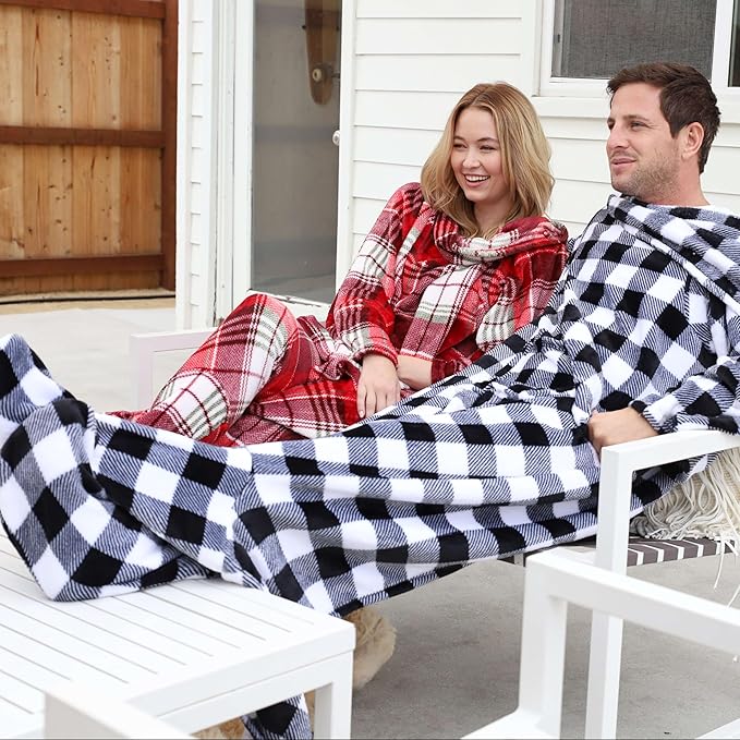 Catalonia Plaid White Wearable Fleece Blanket with Sleeves and Foot Pockets for Adult Women Men, Micro Plush Comfy Wrap Sleeved Throw Blanket Robe Large