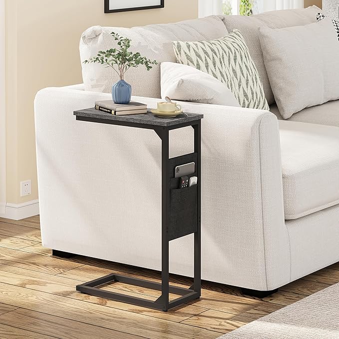 TUTOTAK C Shaped End Table, Side Table for Couch, Sofa Table with Storage Bag, TV Tray for Living Room, Bedroom, Charcoal Grey TB01BY082