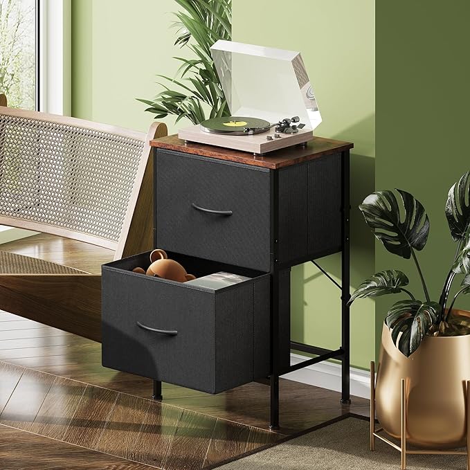WLIVE Nightstand, Nightstand with 2 Drawers, Bedside Furniture, Night Stand, Small Dresser for Bedroom, College Dorm, End Table with Fabric Bins, Dormitory, Black and Rustic Brown, Size L