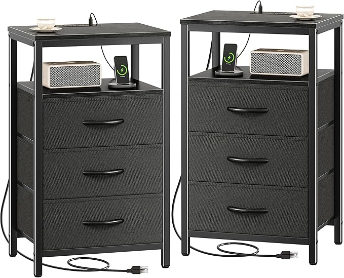 Huuger Nightstands Set of 2, 27.6 Inch End Tables with Charging Station, Bed Side Tables with Fabric Drawers, USB-C Port and Outlet, Night Stands for Bedroom, Black