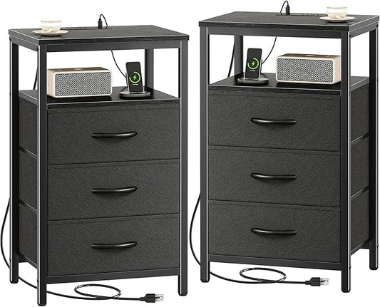 Huuger Nightstands Set of 2, 27.6 Inch End Tables with Charging Station, Bed Side Tables with Fabric Drawers, USB-C Port and Outlet, Night Stands for Bedroom, Black