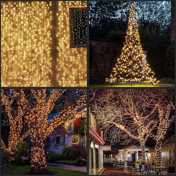 YULETIME 100 ft 300 Count Warm White LED String Lights with 8 Models Adapter, Black Wire Wide Angle 5mm Christmas Lights (Warm White - Black Wire)