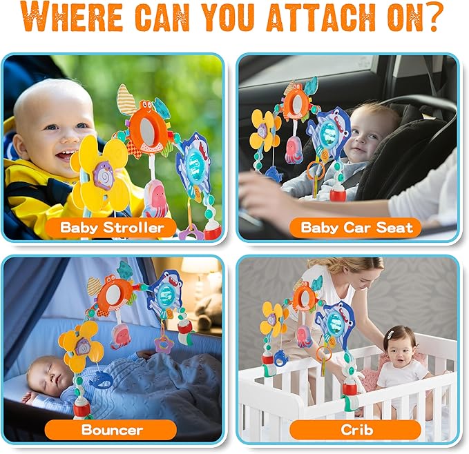 Baby Stroller Arch Toy, Car Seat Toys, Adjustable Arch Stroller toy with Hanging Sensory Activity toys,fits on Baby Bouncer, Bassinet, Stroller, Crib and Car Seats for baby infant Boy Girl 0-18 Months