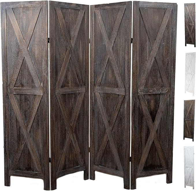 Premium Home 4-Panel Room Divider – Rustic Brown Barn Door, X Pattern Folding Privacy Screen, Partition Wall