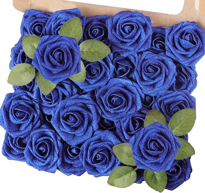 MACTING 30PCS Artificial Glitter Flowers Fake Flowers with Stem Real Touch Foam Roses for Wedding Bouquet Table Centerpieces Party Wreath Home Spring Mothers Day Decorations(Royal Blue)