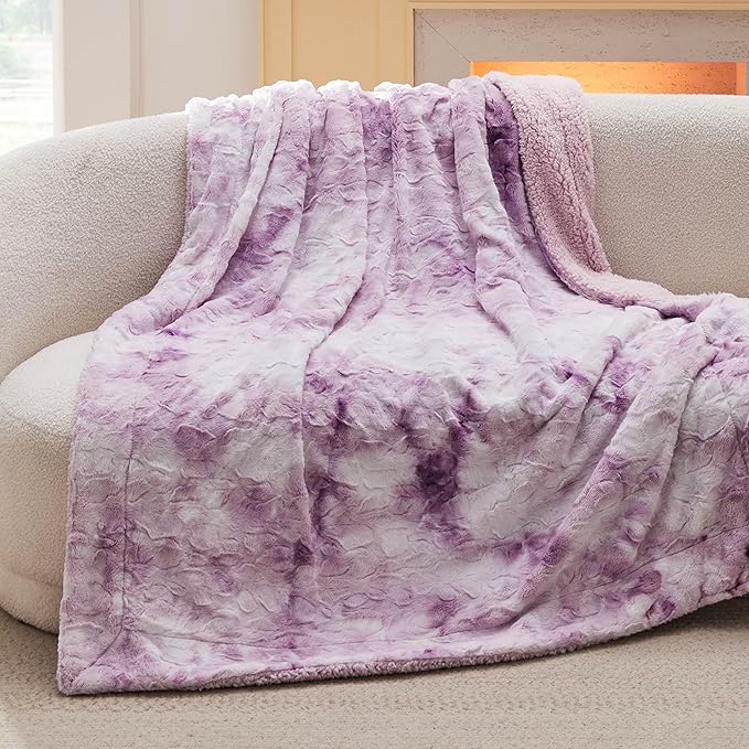 Bedsure GentleSoft Sherpa Fluffy Blanket Twin - Fleece Warm and Cozy Throw for Women Gift, Plush & Fuzzy Faux Fur Christmas Blanket for Couch, Bed Decor, Tie Dye Design, Light Purple, 60x80 Inches
