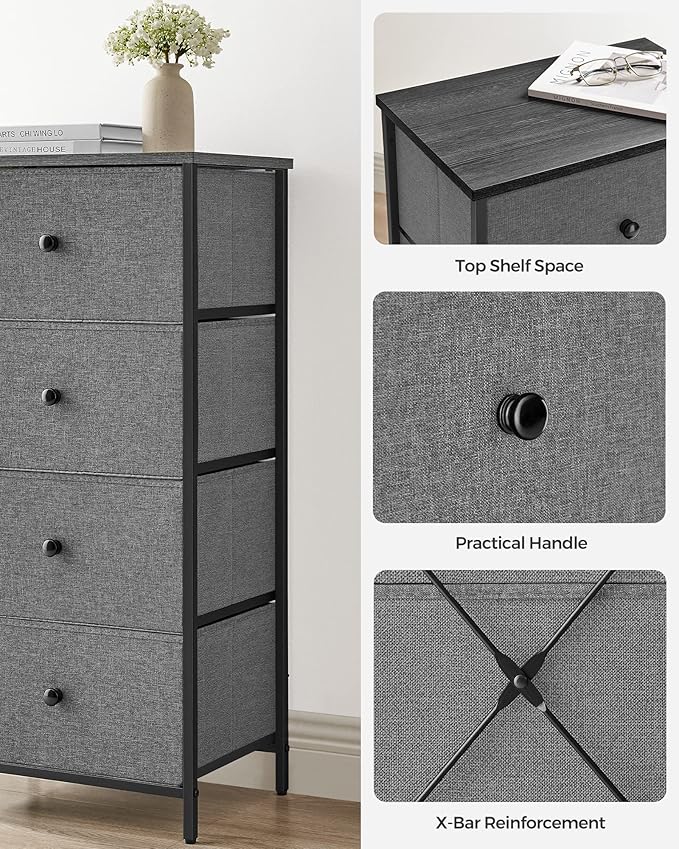 SONGMICS Dresser for Bedroom, Fabric Dresser with 4 Drawers, Metal Frame, Small Chest of Drawers, Gray and Black with Wood Grain ULTS314G22