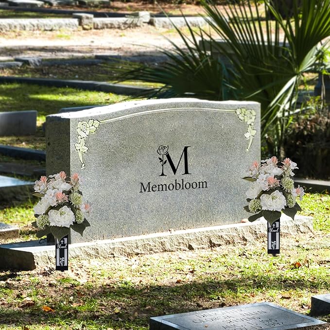White Artificial Flowers for Cemetery: 2 Pcs Peony Grave Flower Bouquets for Cemetery Decorations - Outdoor Gravesite Flowers with Vase
