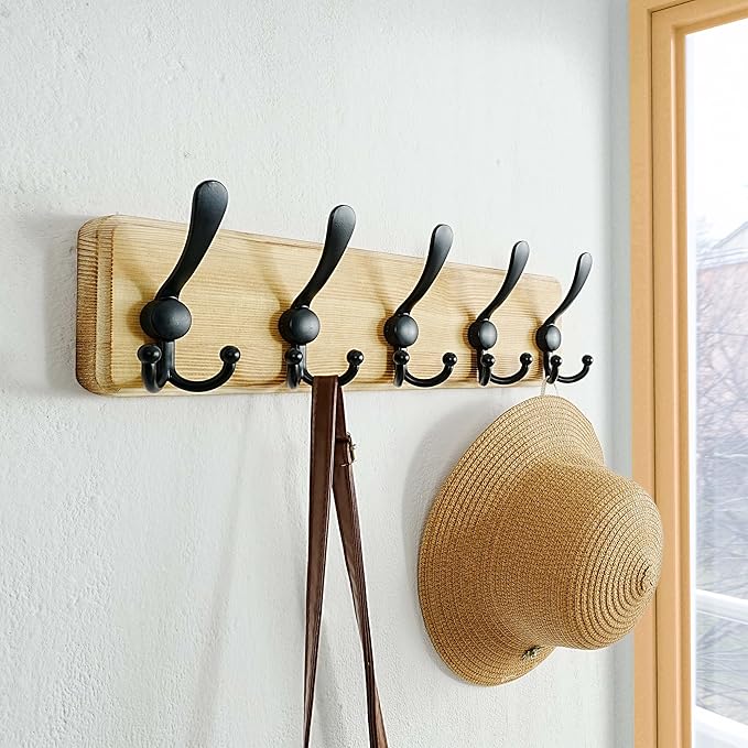 Dseap Coat Rack Wall Mount - Heavy-Duty Robust Rustic Wooden Wall Coat Hanger Hook Rail with 5 Triple Hooks for Winter Jacket & Hat Clothing, Light Brown & Black