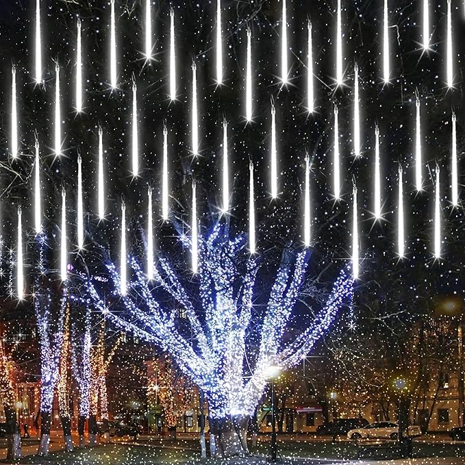 Joomer Christmas Lights Outdoor, 11.8 inch 10 Tubes 240 LED Meteor Shower Lights, LED Snow Falling Icicle Cascading Light with Timer Waterproof and Connectable for Christmas Decoration (White)