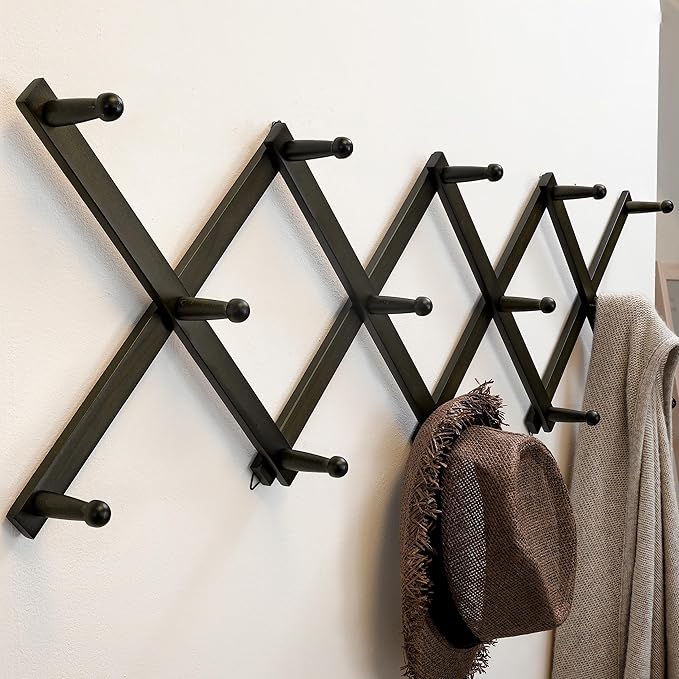 SKOLOO Hat Rack for Wall with 14 Hooks, Pack of 2, Solid Wooden, Modern, Expandable Coat Rack Wall Mount for Coats, Hats, Bags, Baseball Caps, Dark Walnut Color