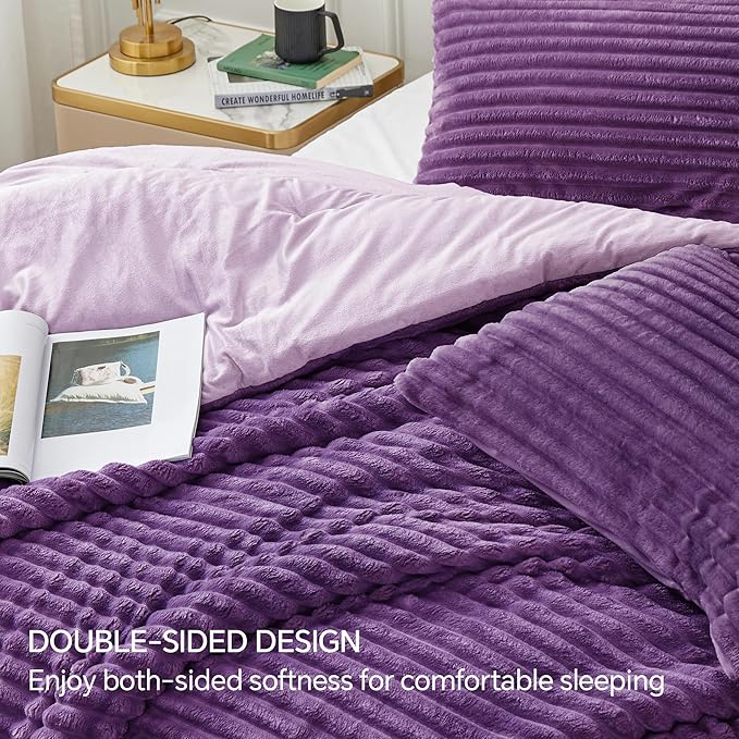 BEDELITE Fleece King Comforter Set -Super Soft & Warm Fluffy Purple Bedding, Luxury Fuzzy Heavy Bed Set for Winter with 2 Pillow Cases
