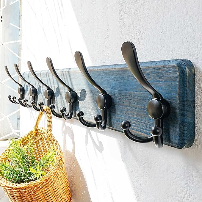 Dseap Coat Rack Wall Mounted - 24" Long 6 Tri Hooks, Heavy Duty Wooden Wall Coat Hanger Coat Hook for Clothes Hat Jacket Clothing, Weathered Blue and Black