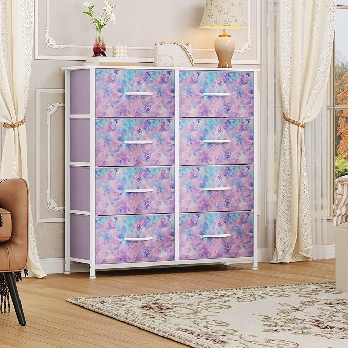 DWVO Dresser with 8 Drawers - Fabric Storage Tower, Organizer Unit for Bedroom, Hallway, Closets - Sturdy Steel Frame, Wooden Top & Easy Pull Fabric Bins (Purple)