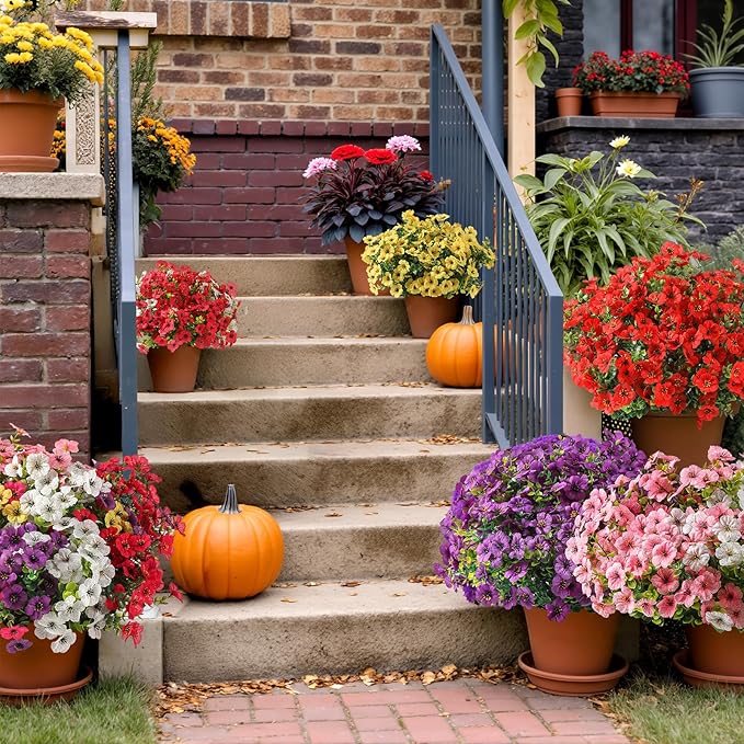 36 Bundles Artificial Flowers for Outdoor Indoor Garden Home Decoration, Look Real for Front Door Porch Patio Yard Balcony, Faux Flower Daisy with Eucalyptus Leaves Fake Plants, 6 Colors