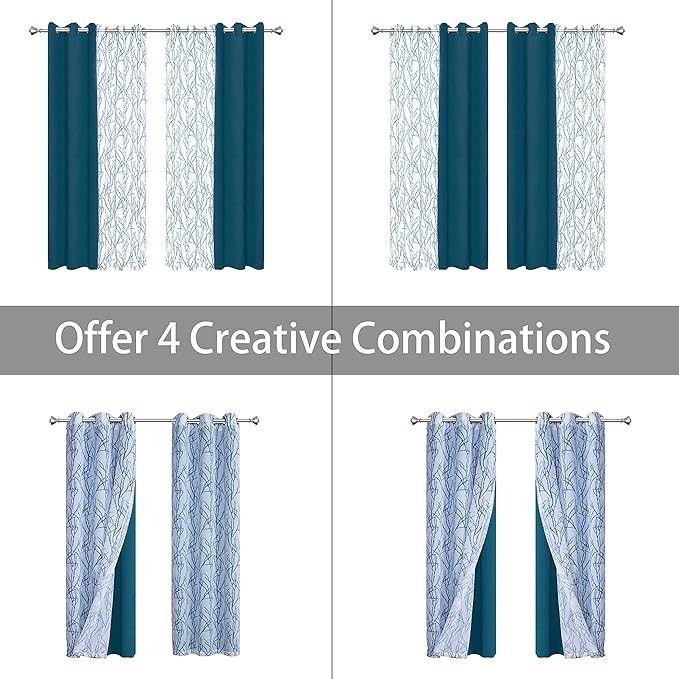 BONZER Mix and Match Curtains - 2 Pieces Branch Print Sheer Curtains and 2 Pieces Blackout Curtains for Bedroom Living Room Grommet Window Drapes, 37x95 Inch/Panel, Teal, Set of 4 Panels