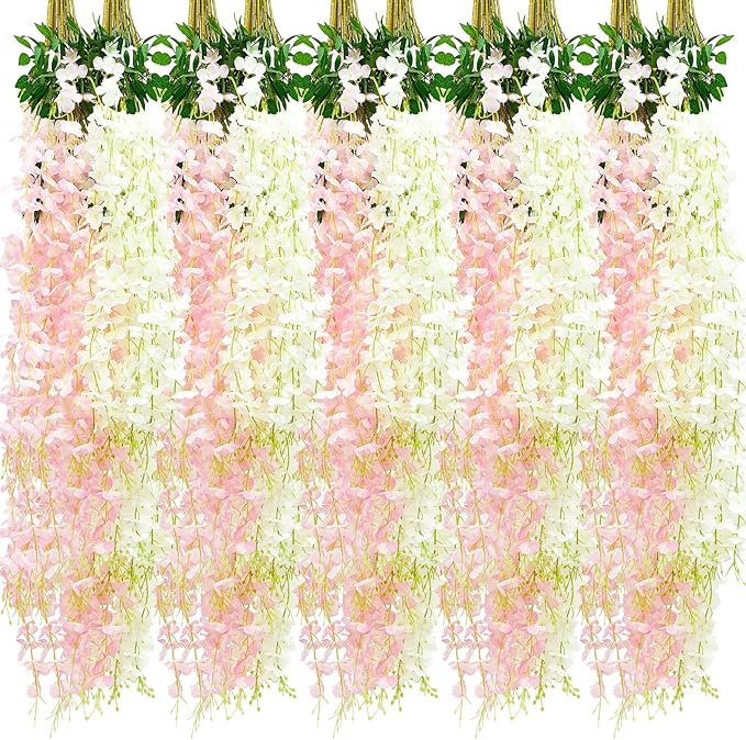 Giegxin 24 Pcs Artificial Wisteria Hanging Flowers 3.6 ft Artificial Fake Wisteria Vine Rattan Hanging Garland Silk Flowers String for Wall Home Wedding Party Greenery Decorations (Pink,White)