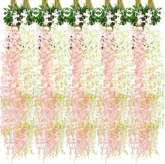 Giegxin 24 Pcs Artificial Wisteria Hanging Flowers 3.6 ft Artificial Fake Wisteria Vine Rattan Hanging Garland Silk Flowers String for Wall Home Wedding Party Greenery Decorations (Pink,White)