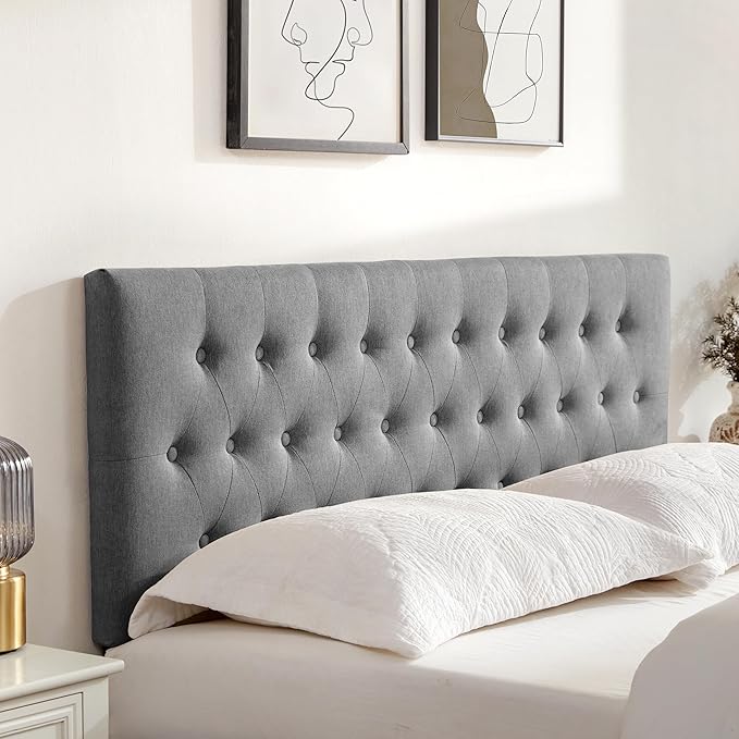Tufted Upholstered Headboard California King Size, Solid Wood Head Board with Durable Metal Legs, Adjustable Height Bed headboard from 37” to 51” Fabric Headboard in Button Design, Grey
