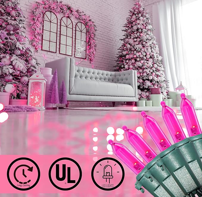 Pink LED Christmas String 100 Mini Fairy Lights Set, Green Wire 26.9 Ft Traditional Valentines Easter Holiday Décor for Home, Christmas Tree, Patio, Indoor & Outdoor Decoration