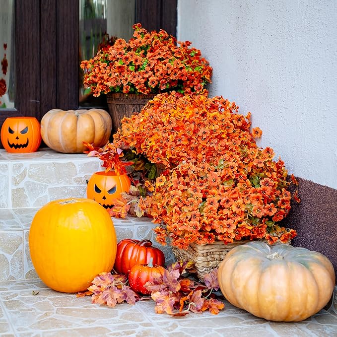 Artificial Fall Flowers Outdoor Fake Mums - 16 Bundles Fake Plants UV Resistant No Fade Faux Plastic Greenery Garden Porch Patio Fall Home Decor (Red Orange16)