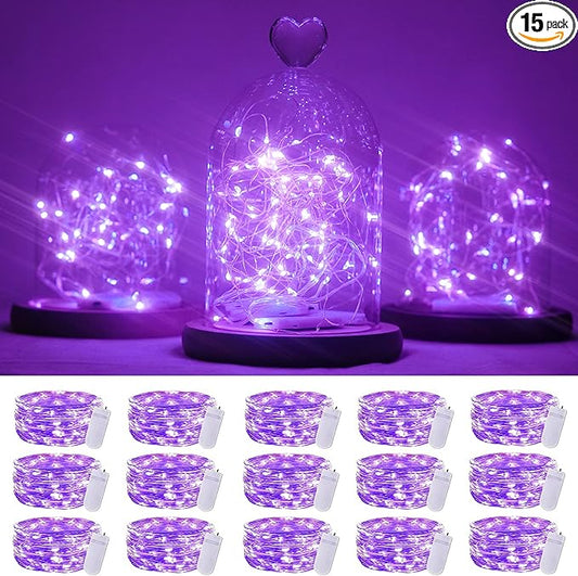 SmilingTown 15 Packs 20 Led Purple Fairy Lights Battery Operated 6.6ft Silver String Lights Waterproof Firefly Starry Light for DIY Table Centerpieces Wedding Halloween Christmas Party Decor