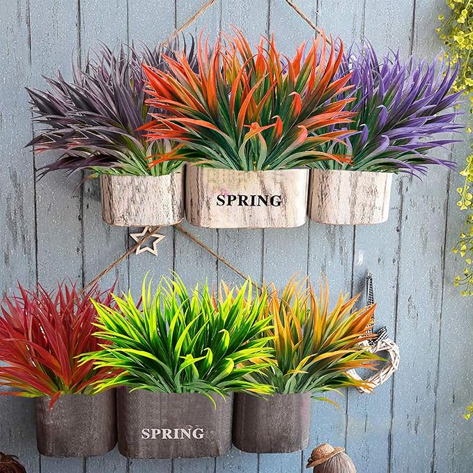 16pcs Artificial Plants Outdoor Flowers UV Resistant Fake Tall Grass Plants Faux Tropical Shrubs Plastic Greenery Bushes Front Porch Patio Garden Outside Decoration