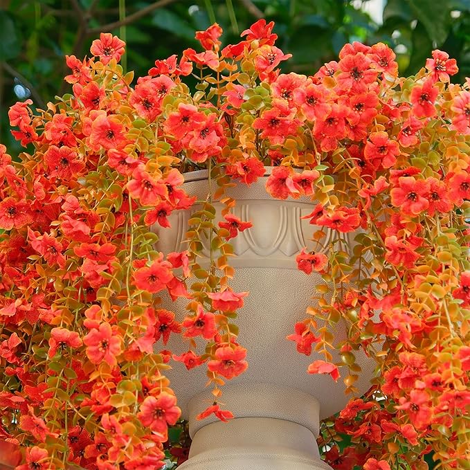 12 Pcs Artificial Hanging Mums Flowers Outdoor, Orange UV Resistant Fake Hanging Fall Plants for Outdoor Planter Patio Front Door Window Autumn Decoration (12, Orange)