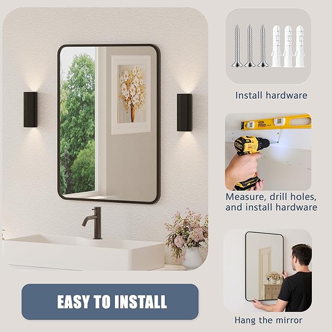 Black Bathroom Mirror for Over Sink - 22×30 Rectangle Bathroom Vanity Mirror Wall Mounted with Matte Aluminum Frame & Rounded Corners, Shatterproof Tempered-Glass, Horizontal/Vertical