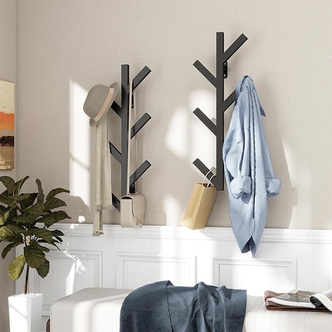 Vlush Wall Mounted Metal Coat Rack with 6 Hooks Modern Minimalist clothes rack, Upright Coat Rack for Hanging Clothes, Hats, Hanging Bags and Scarves Entrance Wall Iron Coat Racks (Black)