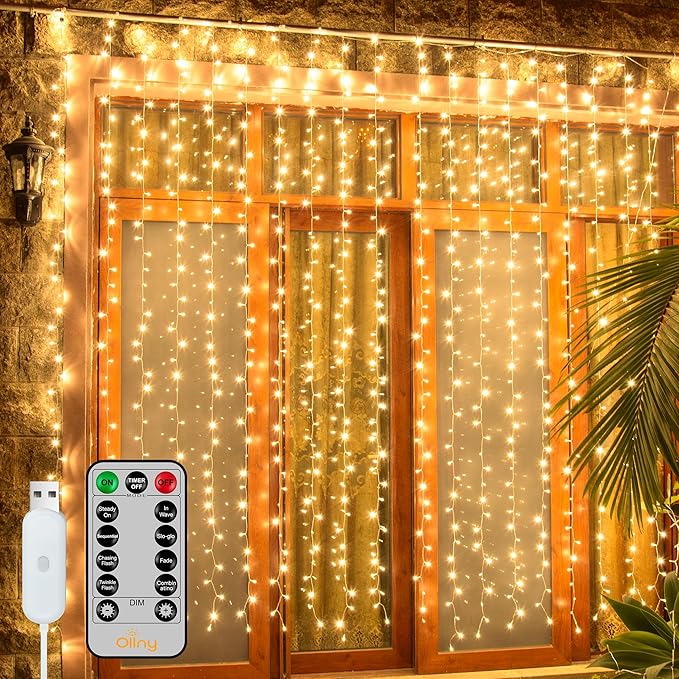 Ollny Curtain Lights 6.6x6.6ft, 200 LED String Lights with Remote 8 Modes Dimmable Timer, USB Power Fairy Light for Bedroom Backdrop Indoor Wall Window Christmas Decorations, Warm White