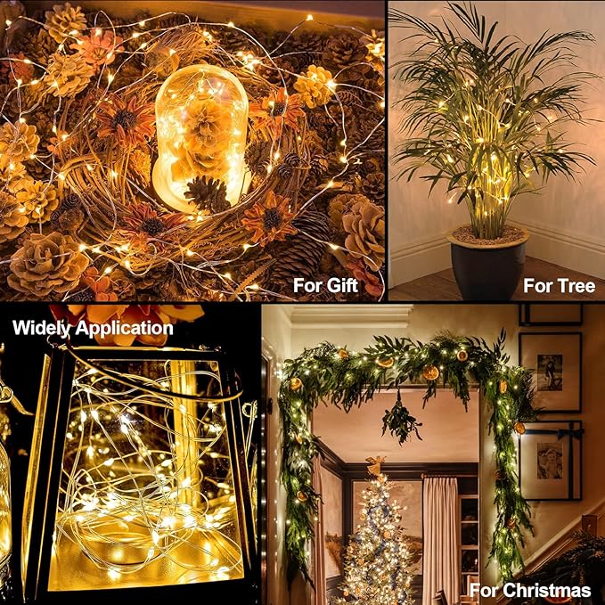 Timer Fairy Lights Battery Operated 2 Pack 16.4Ft 50 LEDs Silver Copper Wire Twinkle String Lights with Timer 5 Lighting Modes for Christmas Bedroom Wedding Parties Holiday Decorations (Warm White)